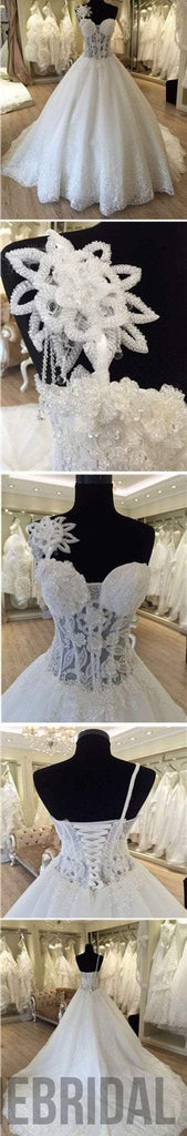 Unique Design One Shoulder See Through A-line Lace Tulle Wedding Dresses, WD0172
