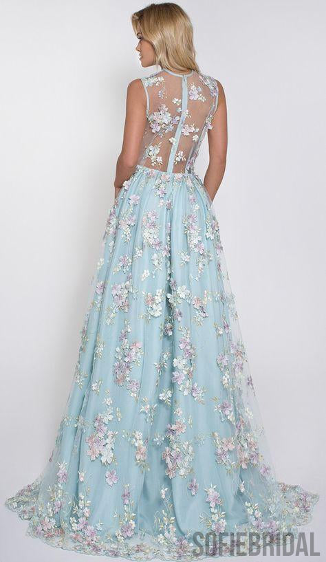 V-neck Sleeveless Blue tulle Appliques Prom Dresses, Affordable Long A-line Prom Dress, PD0325