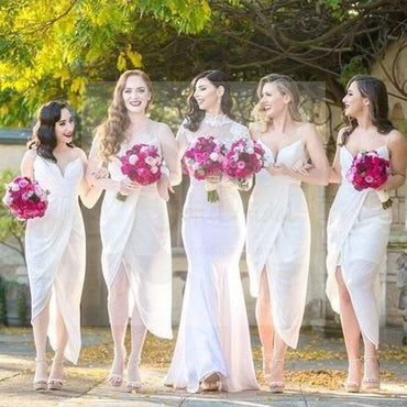Sexy White Chiffon Side Split Spaghetti Tea Length Cheap Bridesmaid Dresses