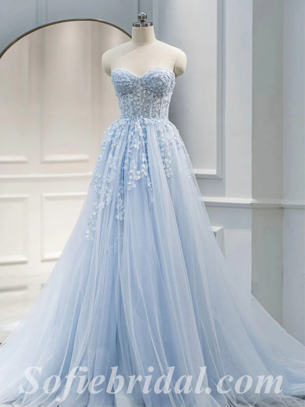 A Line V Neck Light Blue White Lace Prom Dresses, Light Blue White