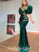 Elegant Velvet High Neck Half Sleeves Backless Mermaid Long Prom Dresses With Applique,SFPD0674