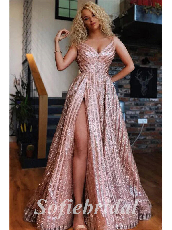 Sexy Sequin Tulle Spaghetti Straps V-Neck Sleeveless Side slit A-Line Long Prom Dresses,PD0789