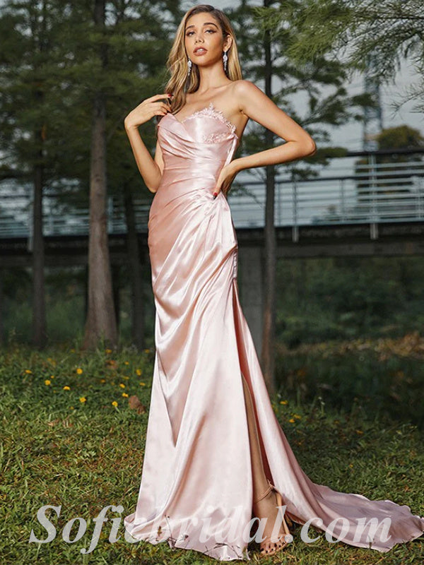 Sexy Satin Sweetheart Sleeveless Side Slit Mermaid Long Prom Dresses With Applique,SFPD0441