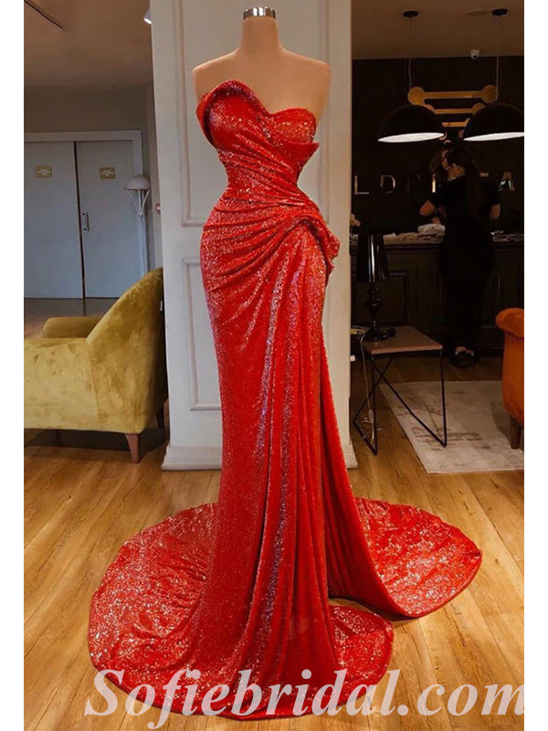 Sexy Shiny Red Sequin Sweetheart Sleeveless Mermaid Long Prom Dresses With Pleats,SFPD0415