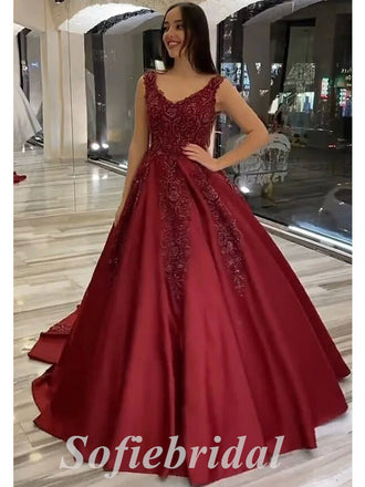 Elegant Satin And Lace Spaghetti Straps V-Neck Sleeveless Lace Up A-Line Long Prom Dresses,SFPD0723