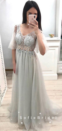 See Through A-Line V-Neck 3/4 Sleeves Tulle Long Prom Dresses With Beading,SFPD0018