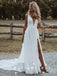 A-Line V-Neck Spaghetti Straps Lace Long Beach Wedding Dresses With Slit,SFWD0018