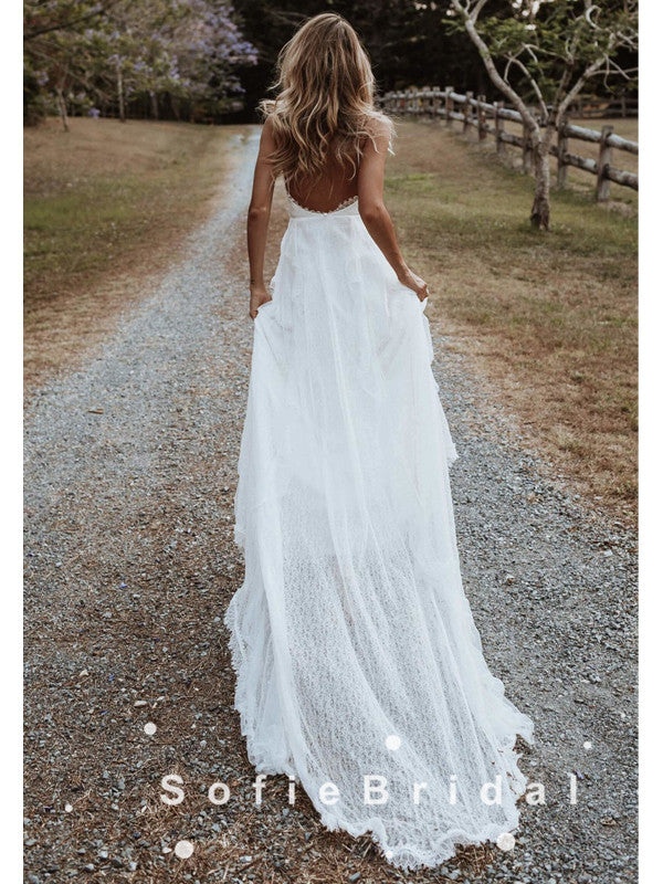 A-Line V-Neck Spaghetti Straps Lace Long Beach Wedding Dresses With Sl SofieBridal A-Line V-Neck Spaghetti Straps Lace Long Beach Wedding Dresses With Sl SofieBridal