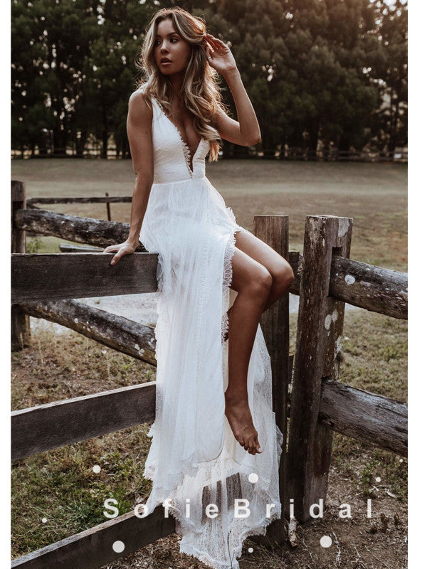 A-Line V-Neck Spaghetti Straps Lace Long Beach Wedding Dresses With Sl SofieBridal A-Line V-Neck Spaghetti Straps Lace Long Beach Wedding Dresses With Sl SofieBridal
