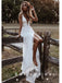 A-Line V-Neck Spaghetti Straps Lace Long Beach Wedding Dresses With Slit,SFWD0018