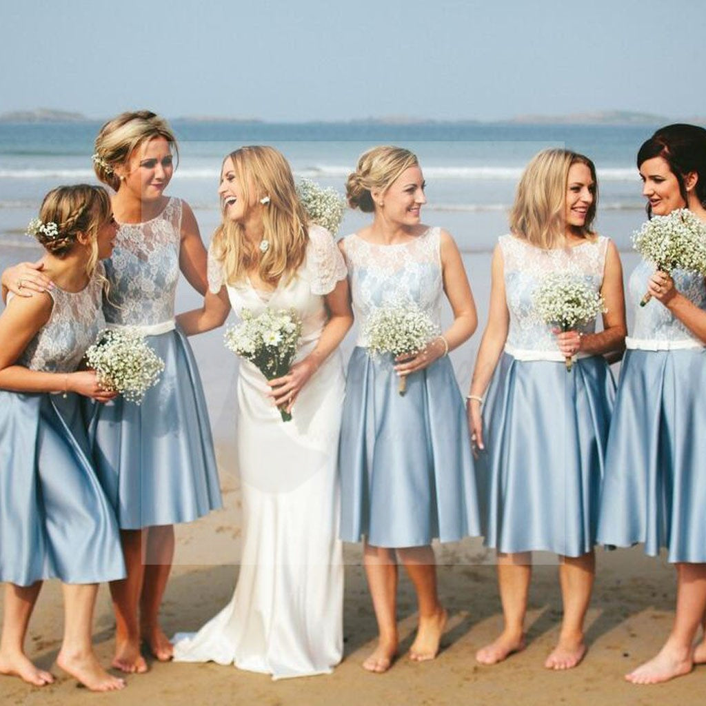 Popular Junior Short Pretty Blue Satin White Lace Bridesmaid Dresses for Beach Wedding