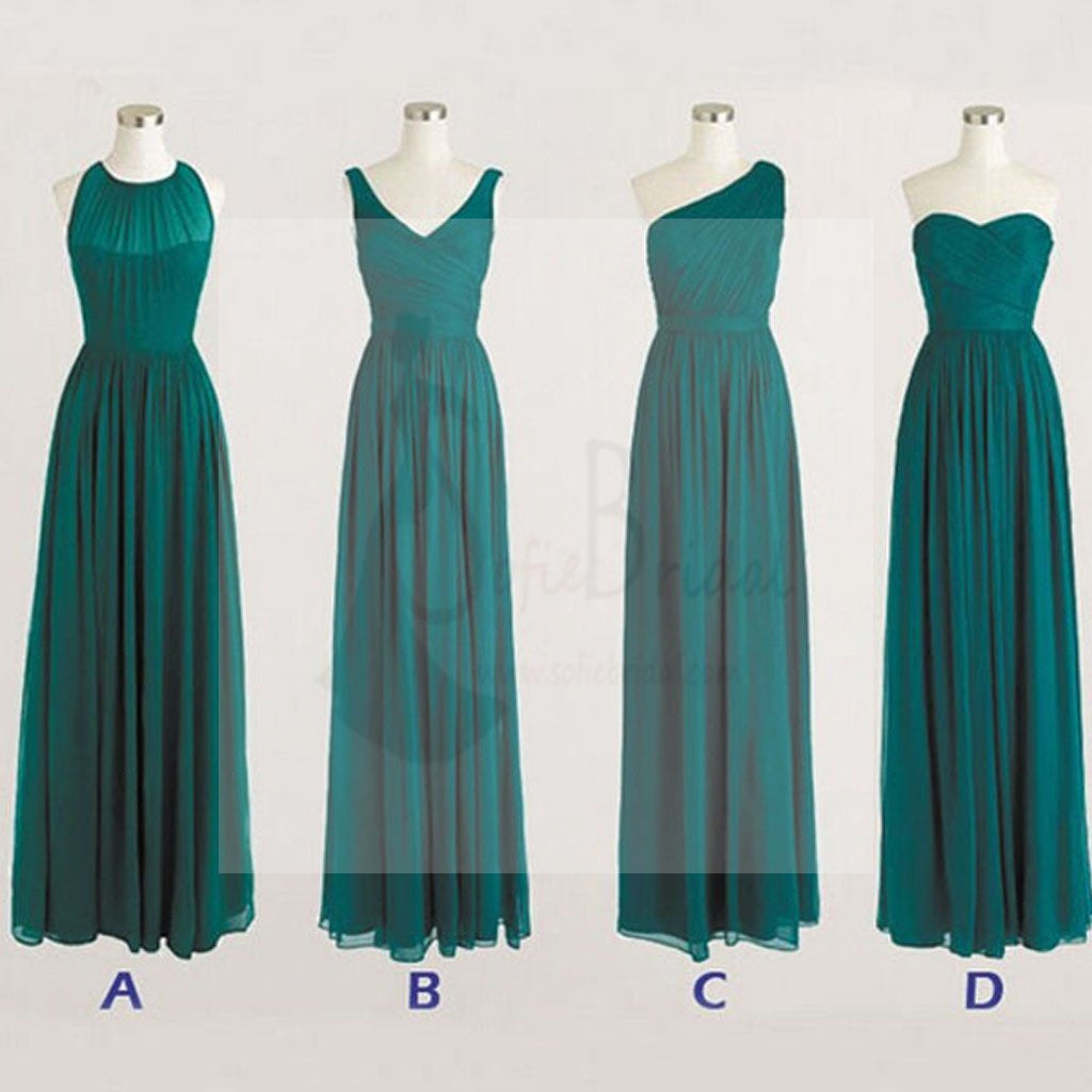 Best Sale Cheap Simple Mismatched Chiffon Full Length Teal Green Bridesmaid Dresses, WD0252