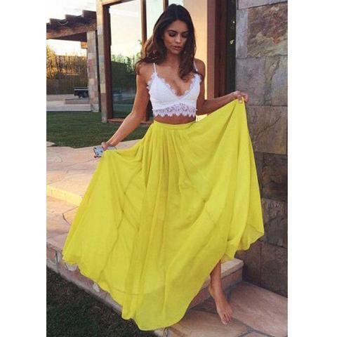 Two Pieces White Lace Top Yellow Chiffon Long A-line Prom Dresses, PD0518
