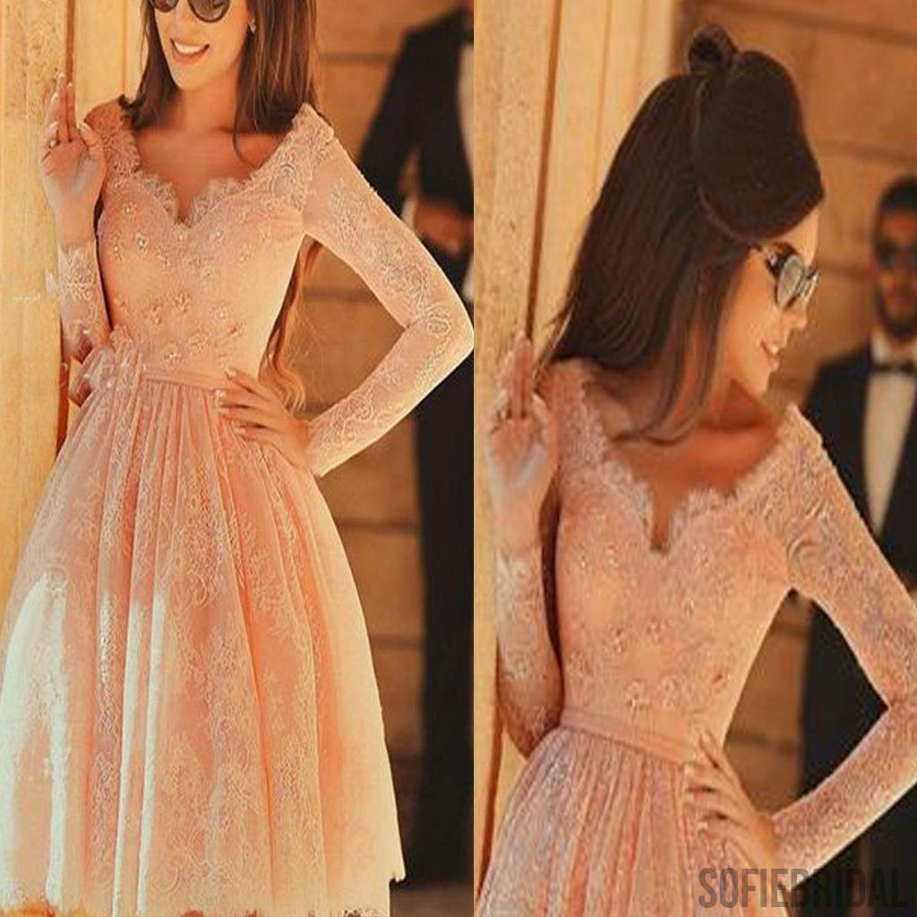 Long sleeve pink lace knee-length v-neck charming homecoming prom gown dress,BD0018