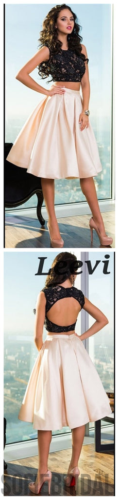 Sexy Open Back Two Piece Lace Black Homecoming Dresses 2018, CM493