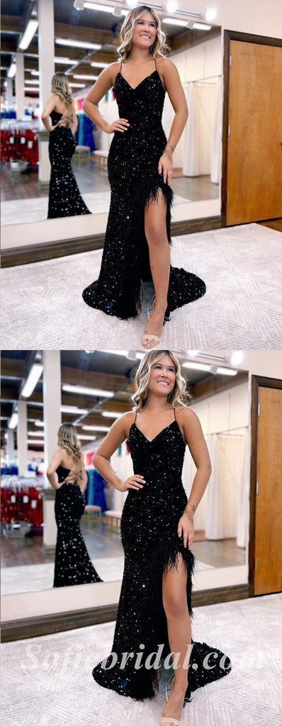 Sexy Charming Black Sequin Spaghetti Straps V-Neck Sleeveless Side Slit Mermaid Long Prom Dresses With Feather,SFPD0534