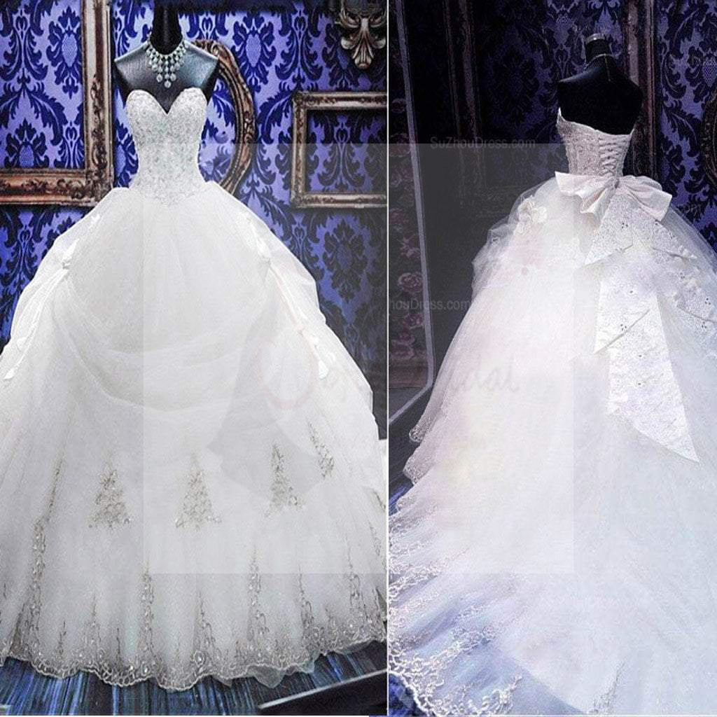 Luxury Sweetheart Silver Lace Wedding Party Dresses, Corset Lace Up Bridal Gown, WD0018