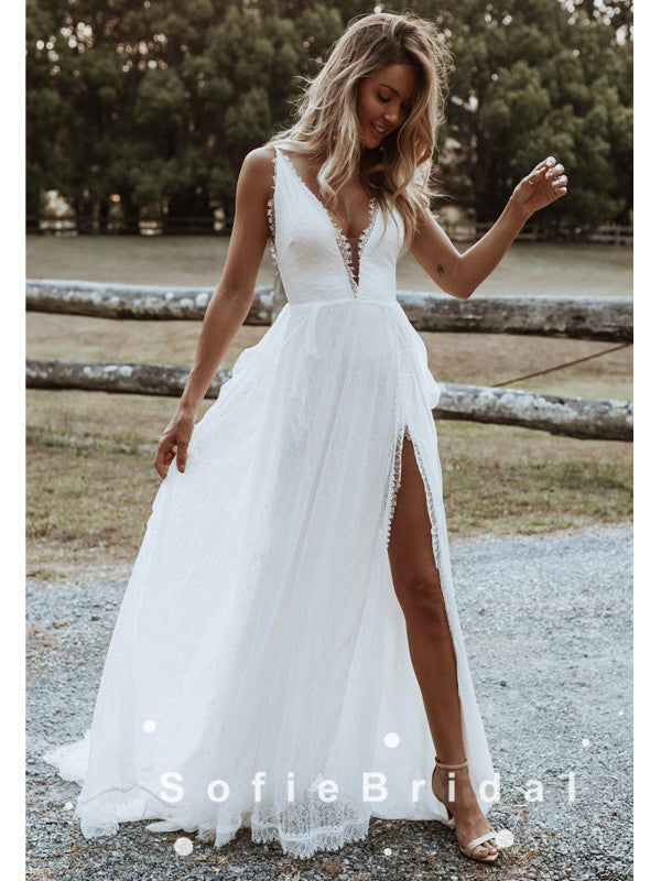 Simple Lace Spaghetti Strap Plus Size A-Line Wedding Dress with Deep V -Neckline