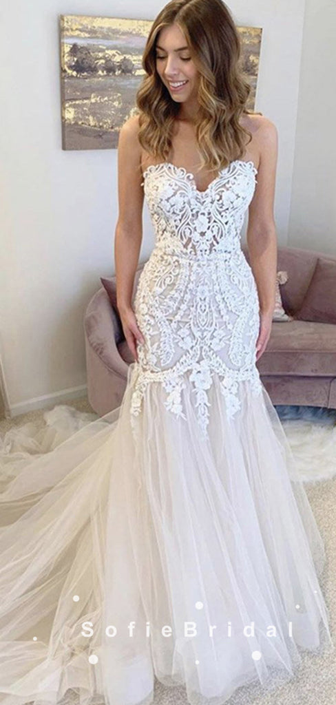 Mermaid Sweetheart Tulle Long Wedding Dresses With Lace,SFWD0019