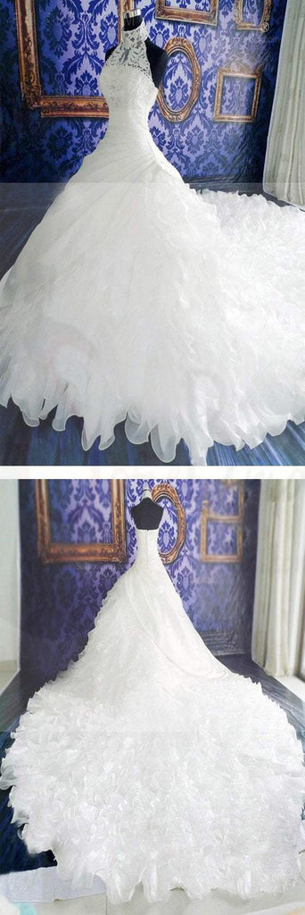 High Neck White Lace Unique Design Chiffon Wedding Party Dresses, Bridal Gown, WD0019