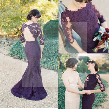 Long Sleeve Open Back Sexy Mermaid Purple Cheap Pretty Bridesmaid Dress