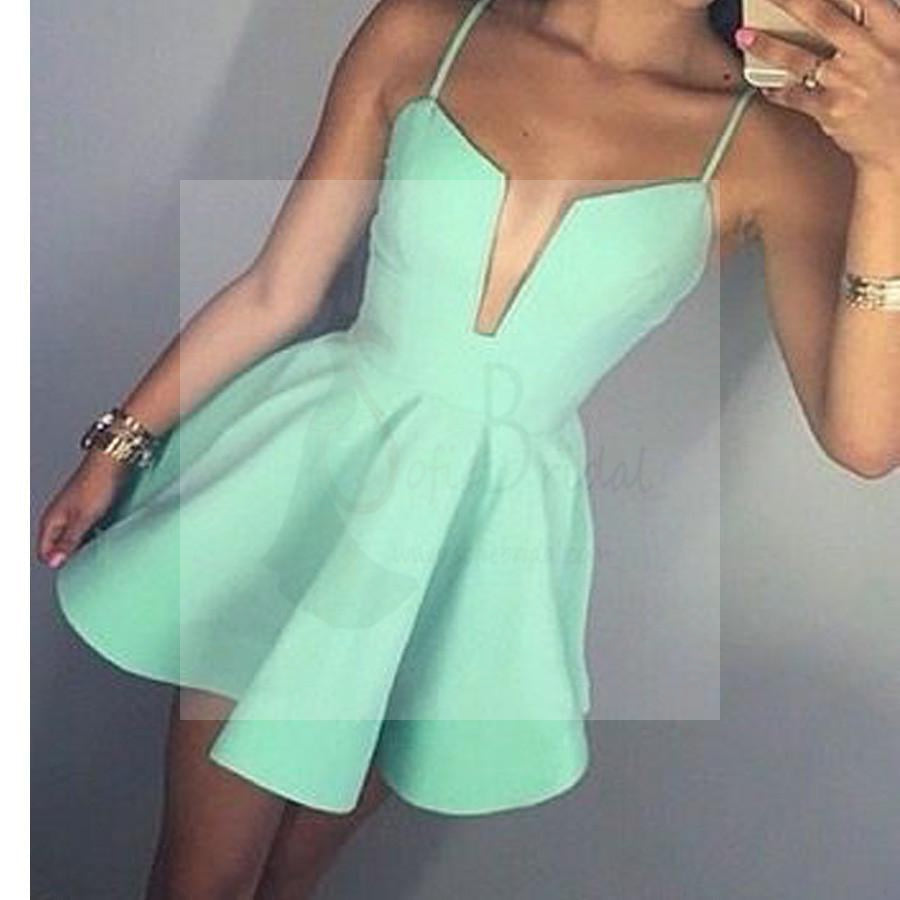 Short Mint Green Spaghetti Straps Simple V-neck A-line sexy freshman homecoming prom dresses, BD00190