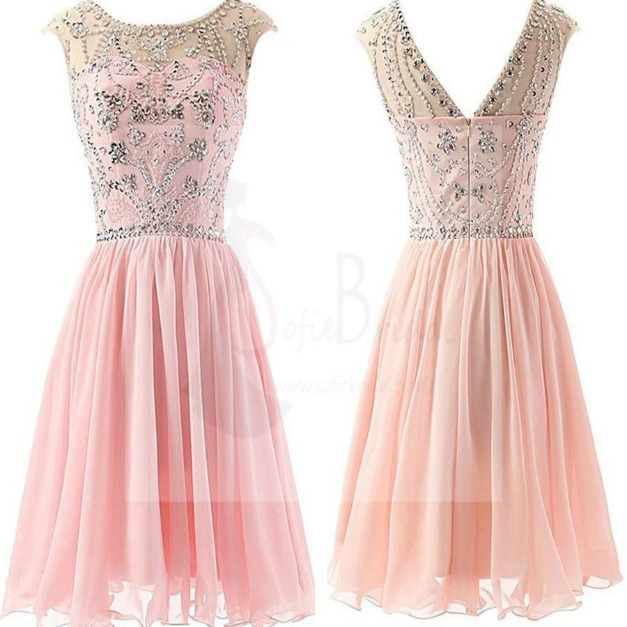 Blush Pink Beaded Chiffon Cute Graduation Dresses, Homecoming prom dresses, SF0039
