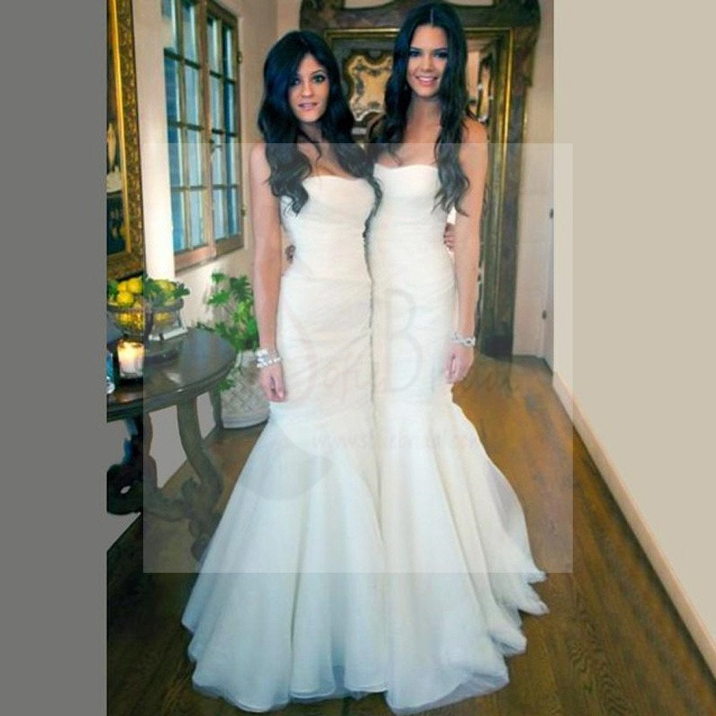 Gorgeous White Tulle Mermaid Long Bridesmaid Dresses for Wedding Party, Cheap Simple Bridal Gown