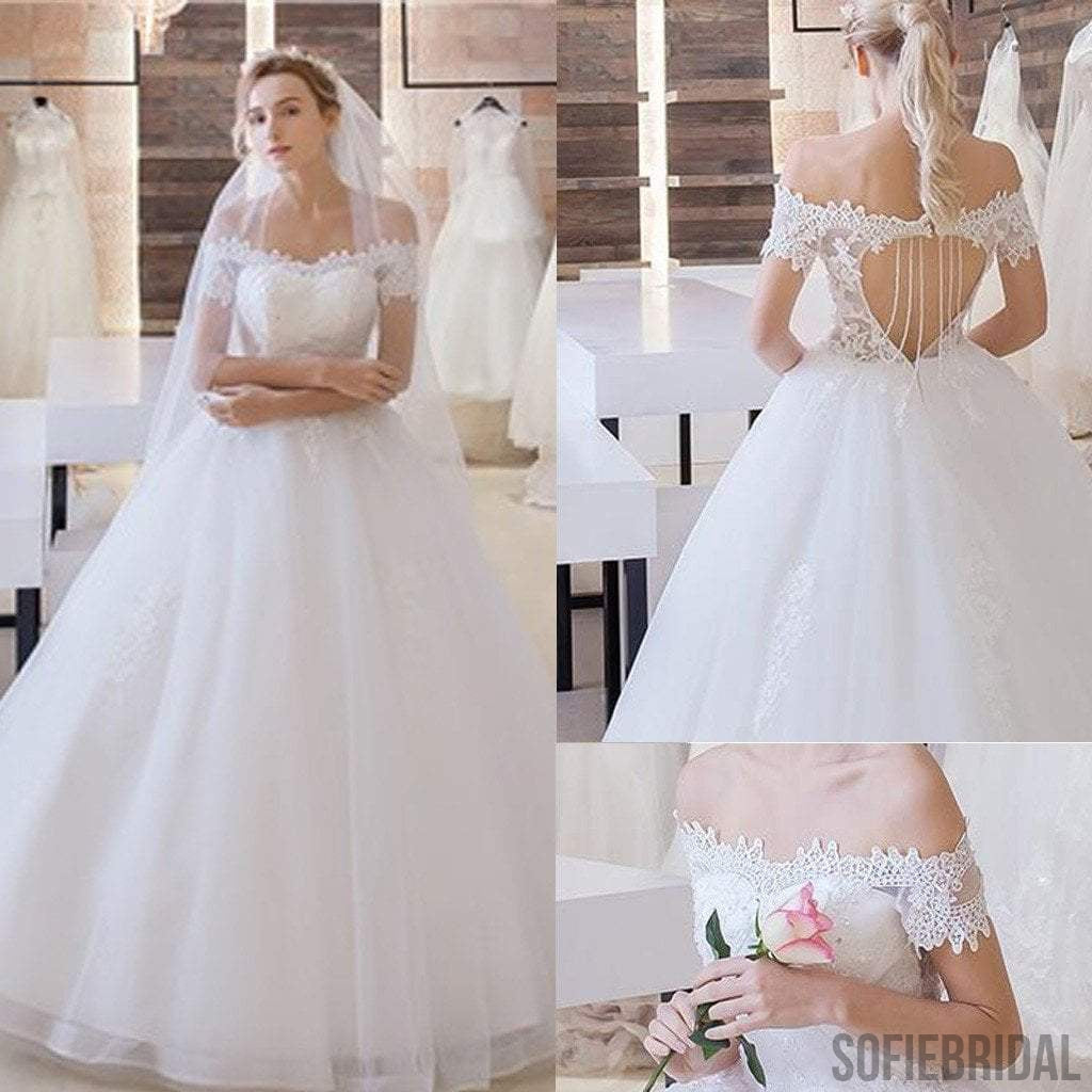 Vantage Off Shoulder Short Sleeve Lace Top Open Back Tulle Wedding Dresses, WD0197
