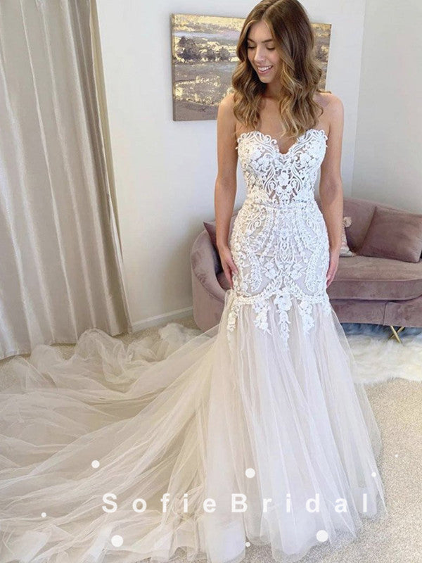 Mermaid Sweetheart Tulle Long Wedding Dresses With Lace,SFWD0019