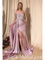 Sexy Satin Spaghetti Straps V-Neck Sleeveless Side Slit Mermaid Long Prom Dresses With Applique,SFPD0422