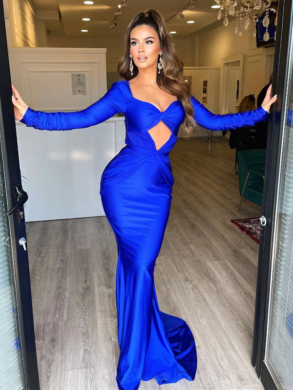 Simple Royal Blue Velour Evening Dresses Long Sleeves Strapless Fluffy Open  Skirt Ankle Length Prom Party Gowns - AliExpress