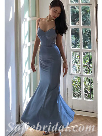 Sexy Satin Spaghetti Sptraps V-Neck Sleeveless Criss Cross Mermaid Long Prom Dresses,SFPD0507