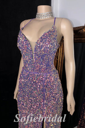 Sexy Shiny Sequin Spaghetti Straps V-Neck Sleeveless Criss Cross Lace Up Side Slit Mermaid Long prom Dresses,SFPD0713