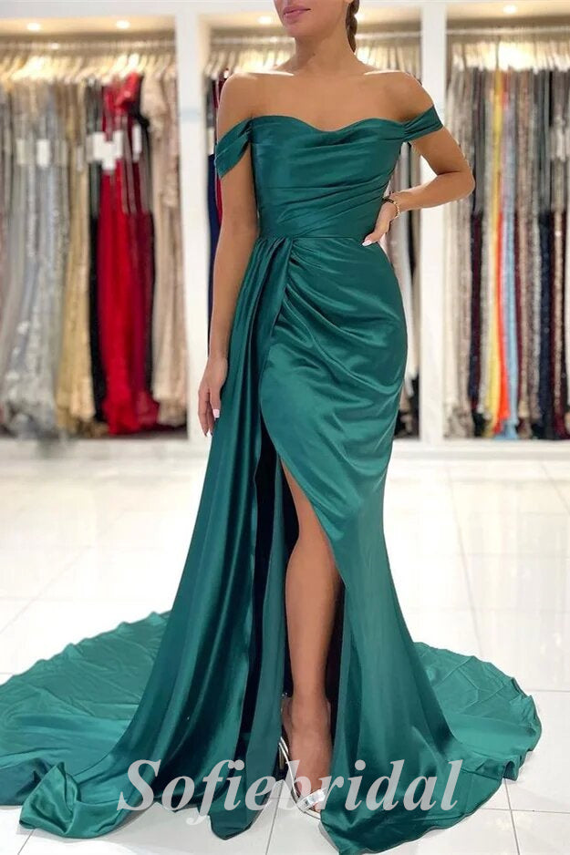 Sexy Satin Off Shoulder Sleeveless Side Slit Mermaid Long Prom Dresses With Trailing,SFPD0615