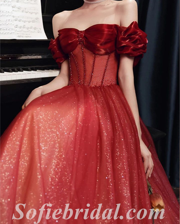 Sexy Shiny Rust Satin And Sequin Tulle Off Shoulder Sleeveless A-Line Long Prom Dresses,SFPD0547