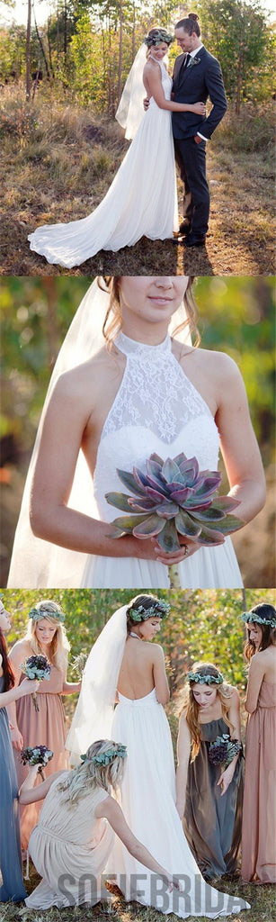 Most Popular Halter Lace Chiffon Illusion Wedding Dresses, Cheap Country Wedding Dresses, WD0230