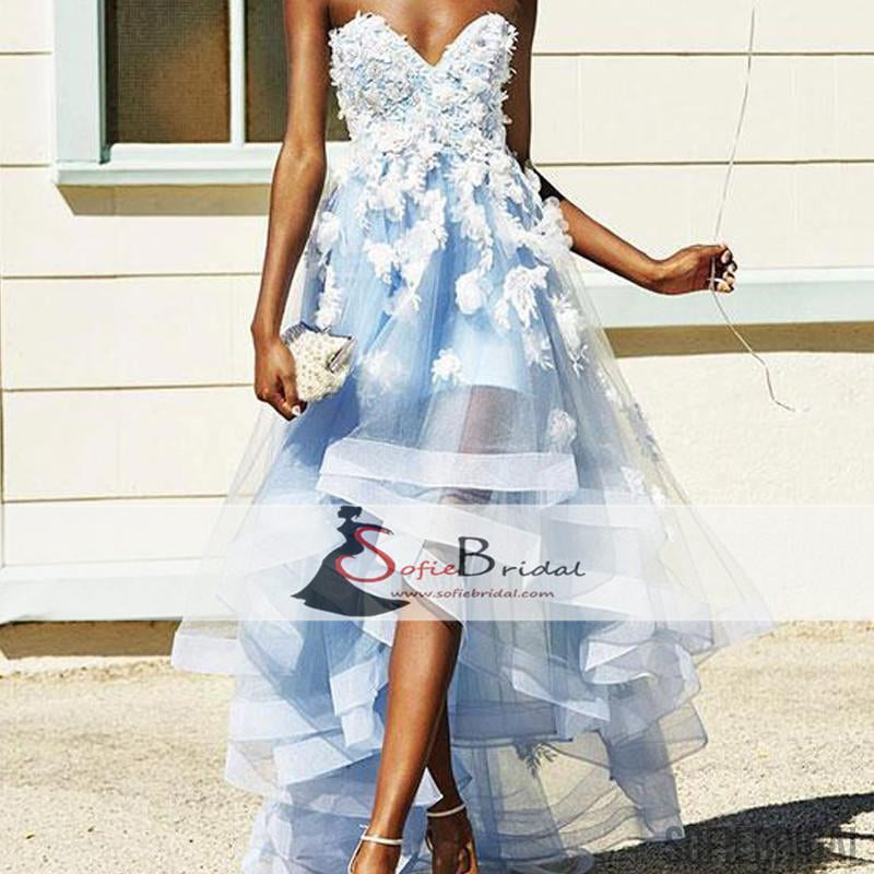 Sweetheart Light Blue Tulle Handmade Flower Hi-low Prom Dresses, Popular Prom Dresses, PD0454