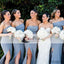 Off Shoulder Dusty blue Bridesmaid Dresses, Side Slit Bridesmaid Dress, Cheap Bridesmaid Dresses, PD0491