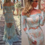 Off Shoulder Blue Lace Long Sleeve Mermaid See Through Prom Dresses, PD0292