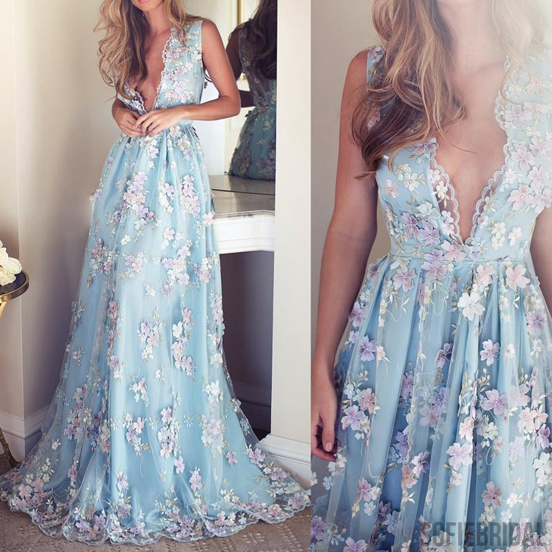 V-neck Sleeveless Blue tulle Appliques Prom Dresses, Affordable Long A-line Prom Dress, PD0325