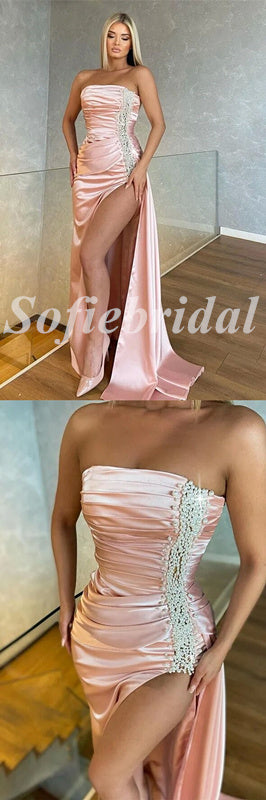 Sexy Satin Sweetheart Sleeveless Side Slit Mermaid Long Prom Dresses With Beading,SFPD0737