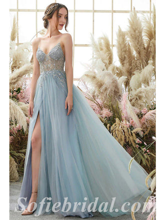 Elegant Tulle Spaghetti Straps V-Neck Side Slit A-Line Long Prom Dresses With Rhinestone,SFPD0471