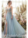 Elegant Tulle Spaghetti Straps V-Neck Side Slit A-Line Long Prom Dresses With Rhinestone,SFPD0471