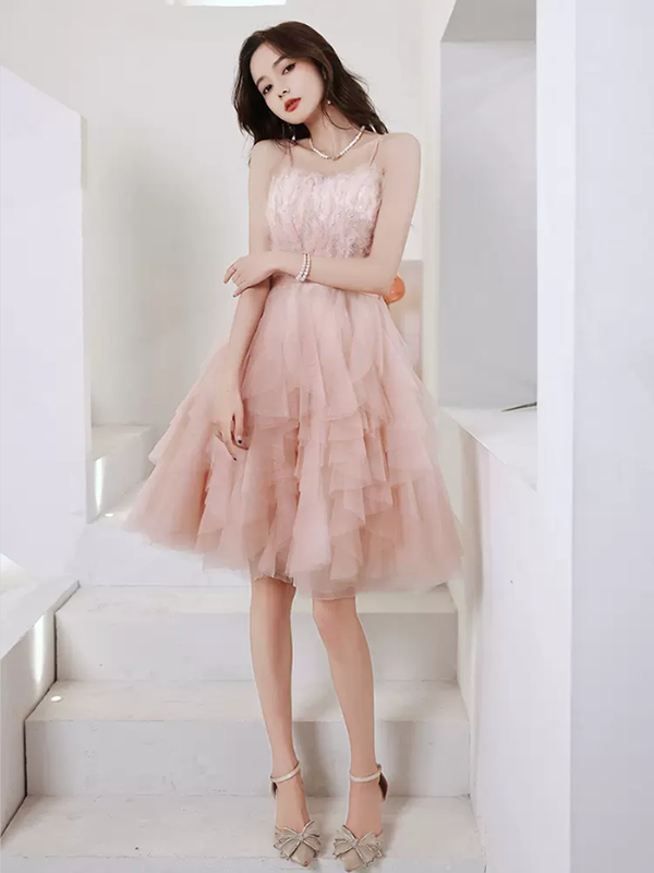 Sheer Pink Feather Short Prom Dress