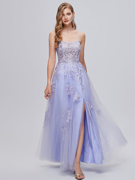 Cute Purple Lace Tulle Spaghetti Straps Side Slit A-Line Long Prom