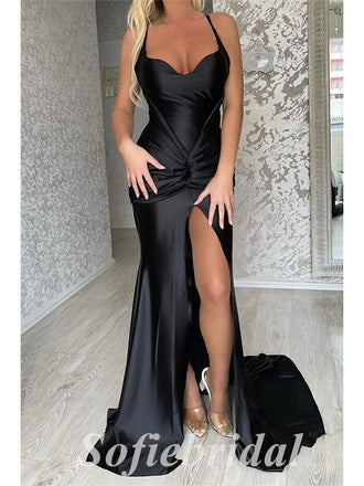 Sexy Black Soft Satin Spaghetti Straps V-Neck Sleeveless Side Slit Mermaid Long Prom Dresses,SFPD0630