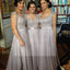 Long formal grey lace elegant a line seen through back floor-length Bridesmaid Dresses, WG02