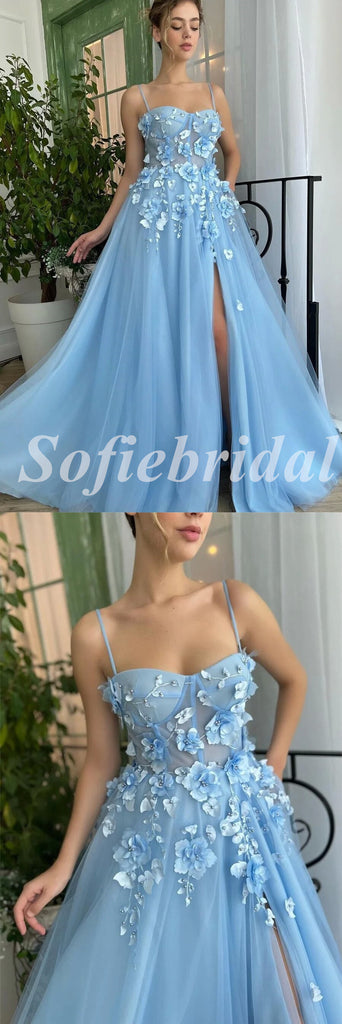 Elegant Blue Tulle Spaghetti Straps Side Slit A-Line Long Prom Dresses With Applique,SFPD0610
