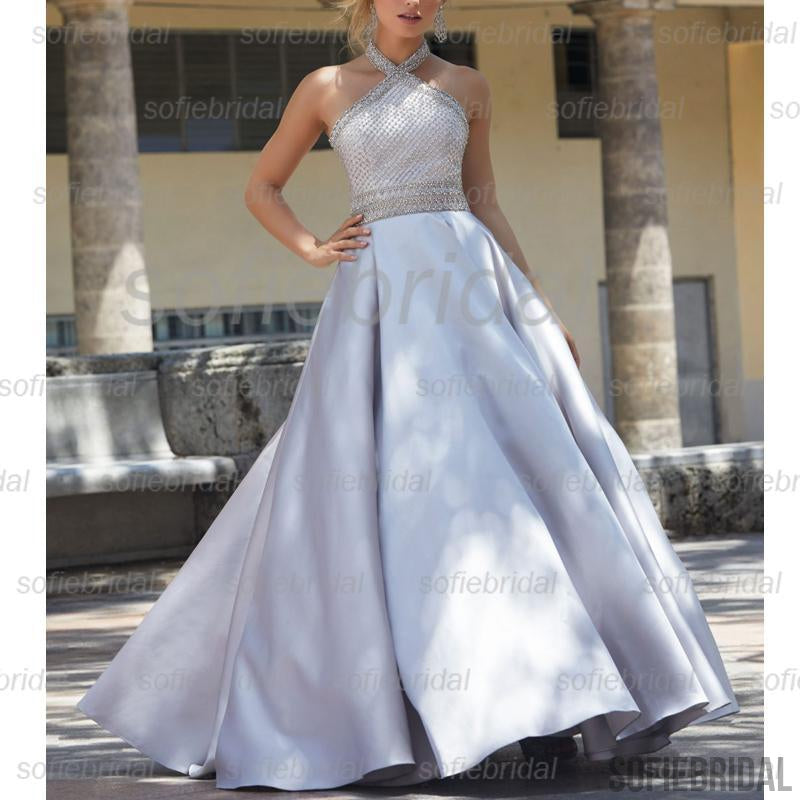 Halter Satin Long A-line Beaded Top Shiny Prom Dresses, Cheap Prom Dresses, PD0356